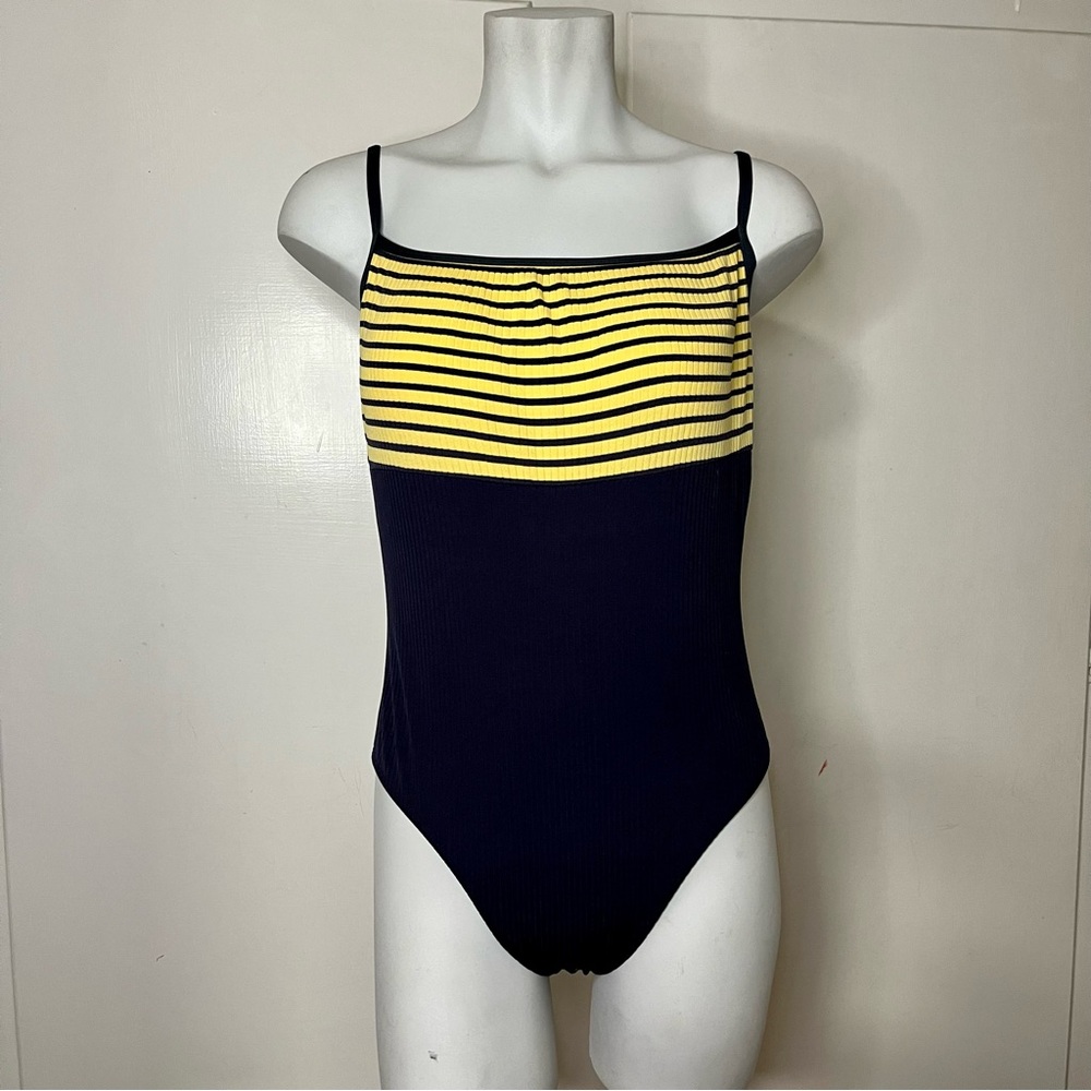 Vintage 90s Cherokee Navy Yellow Striped Sporty Athletic One Piece Swim Suit